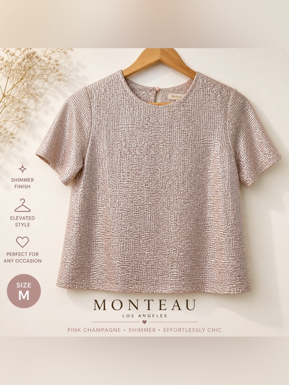 Monteau Los Angeles Champagne Shimmer Top Metallic Blouse Size M Pink Sparkle